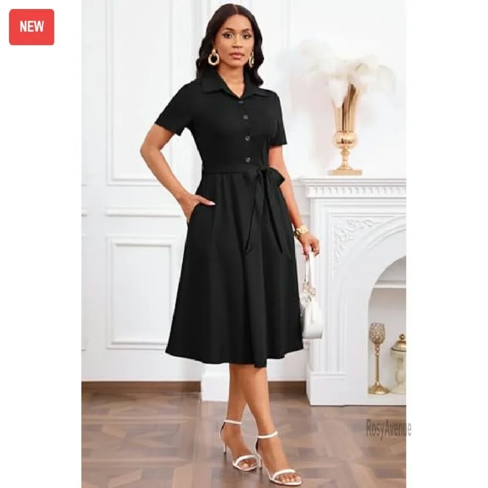 Midi V-Neck Button Dress with Pockets and Belt - Lightweight Polyester